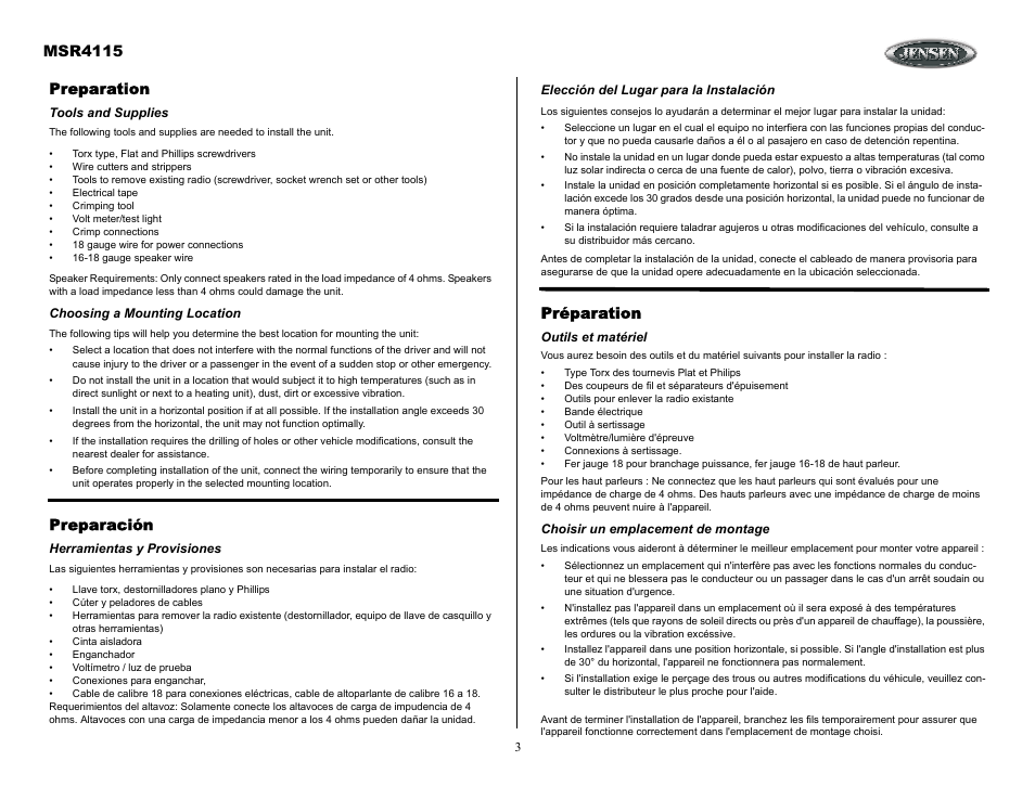 Preparation, Tools and supplies, Choosing a mounting location | Preparación, Herramientas y provisiones, Elección del lugar para la instalación, Préparation, Outils et matériel, Choisir un emplacement de montage, Msr4115 | Jensen SIRIUS MSR4115 User Manual | Page 3 / 18