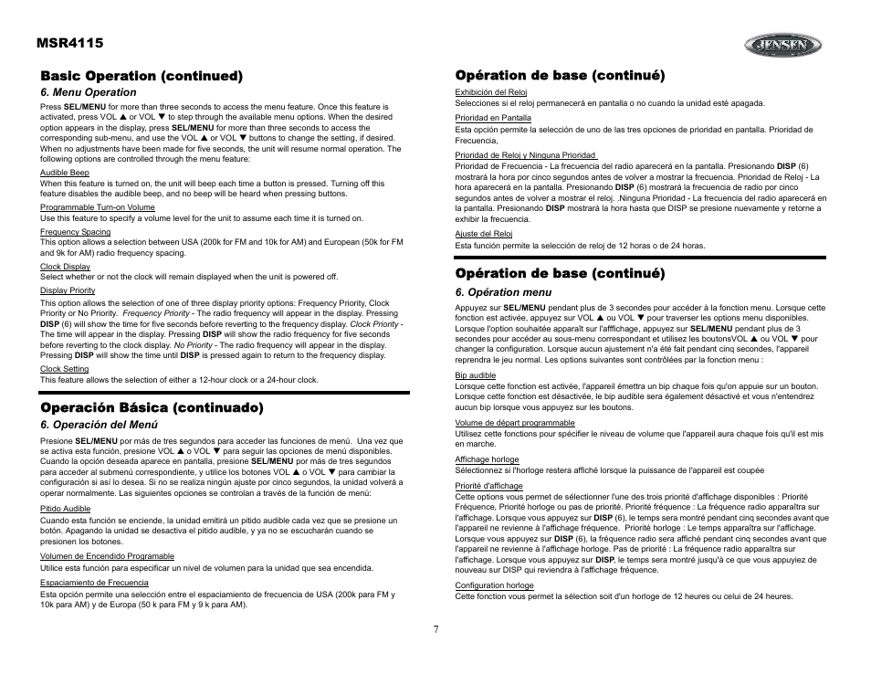 Opération menu, Basic operation (continued), Menu operation | Operación del menú, Msr4115, Operación básica (continuado), Opération de base (continué) | Jensen SIRIUS MSR4115 User Manual | Page 7 / 18