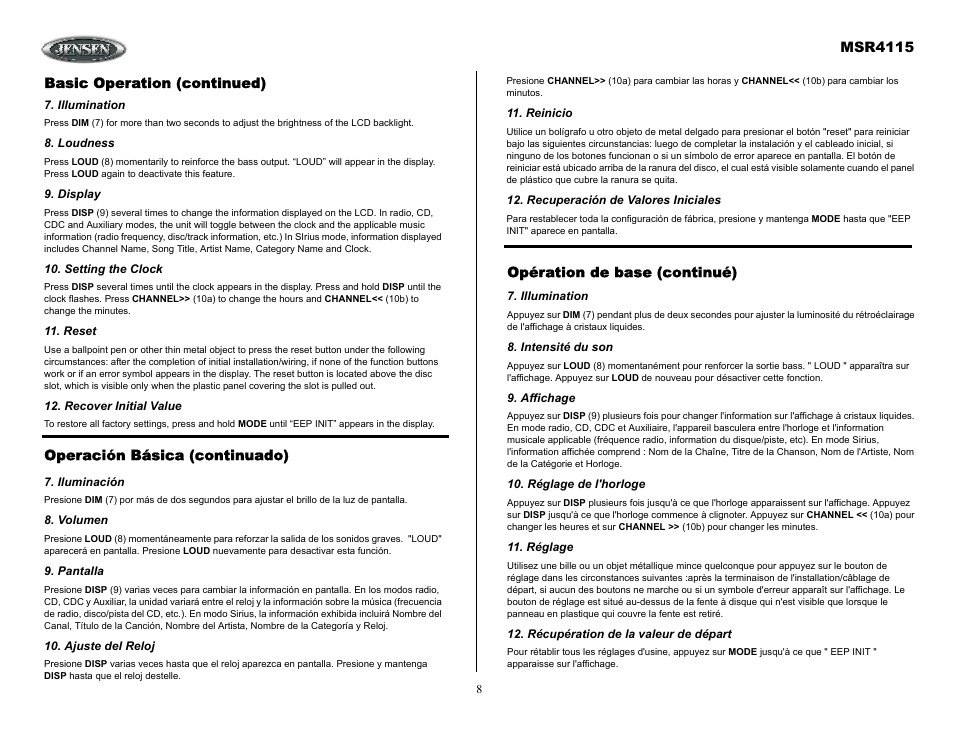 Basic operation (continued), Illumination, Loudness | Display, Setting the clock, Reset, Recover initial value, Iluminación, Volumen, Pantalla | Jensen SIRIUS MSR4115 User Manual | Page 8 / 18