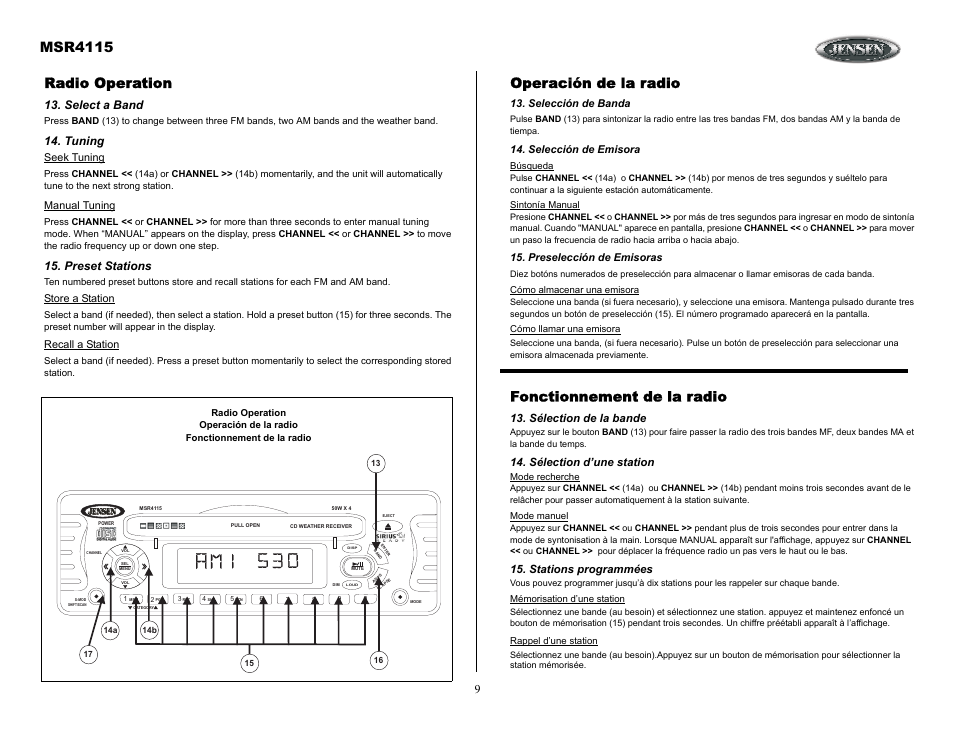 Radio operation, Select a band, Tuning | Preset stations, Operación de la radio, Selección de banda, Selección de emisora, Preselección de emisoras, Fonctionnement de la radio, Sélection de la bande | Jensen SIRIUS MSR4115 User Manual | Page 9 / 18