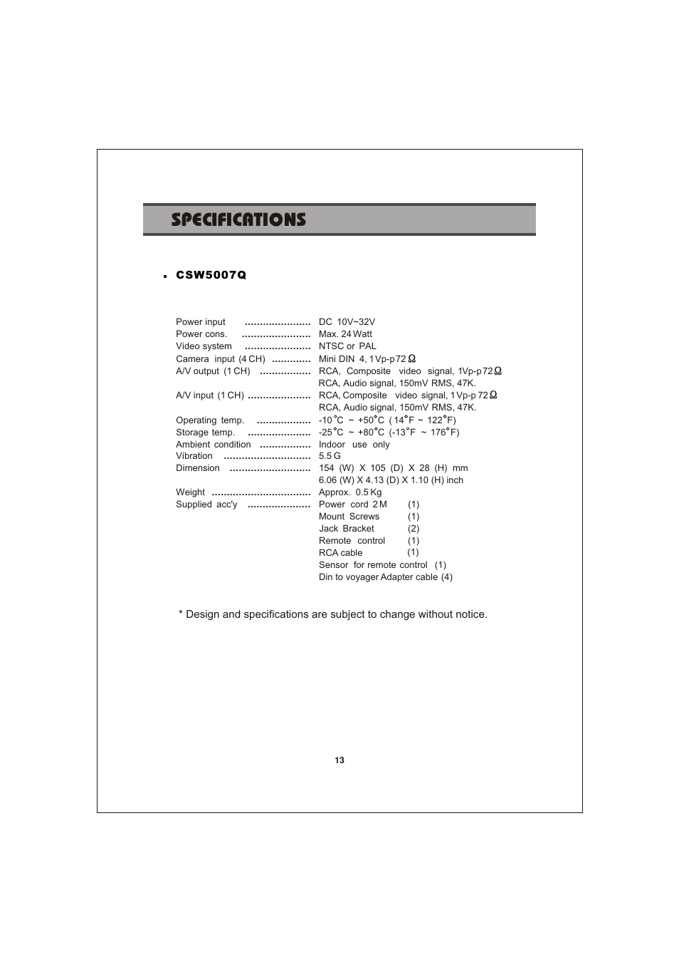쪽 13, Specifications | Jensen Voyager CSW5007Q User Manual | Page 13 / 14