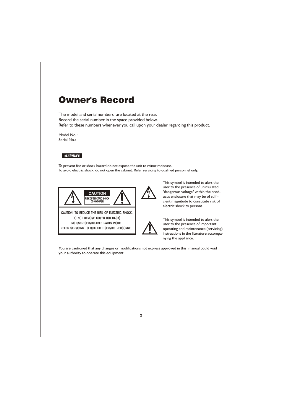 Owner's record | Jensen Voyager CSW5007Q User Manual | Page 2 / 14