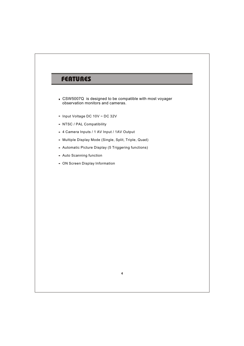 Features | Jensen Voyager CSW5007Q User Manual | Page 4 / 14
