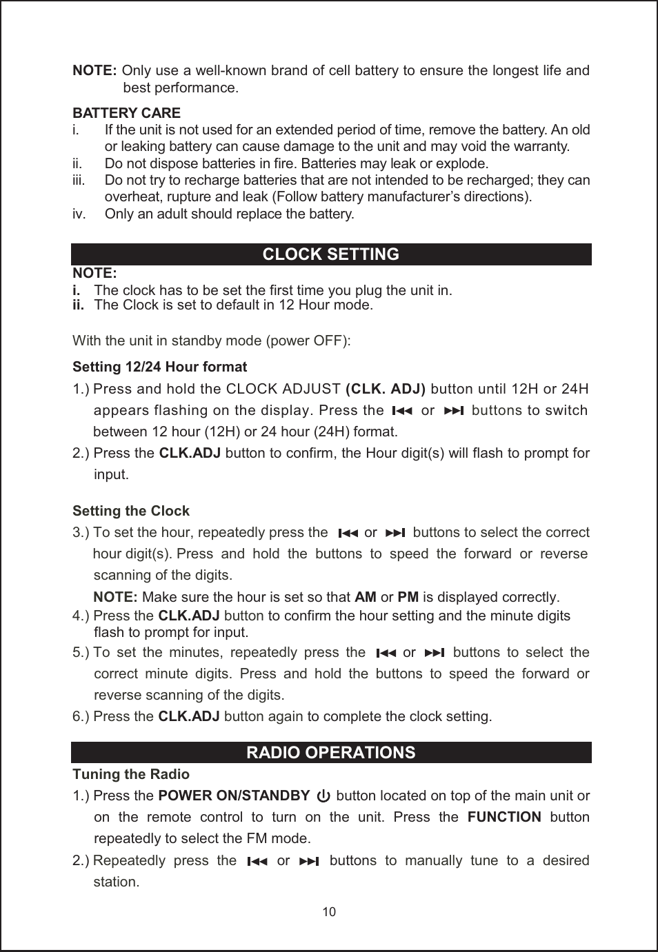 Clock setting, Radio operations | Jensen JIMS-260I User Manual | Page 11 / 22