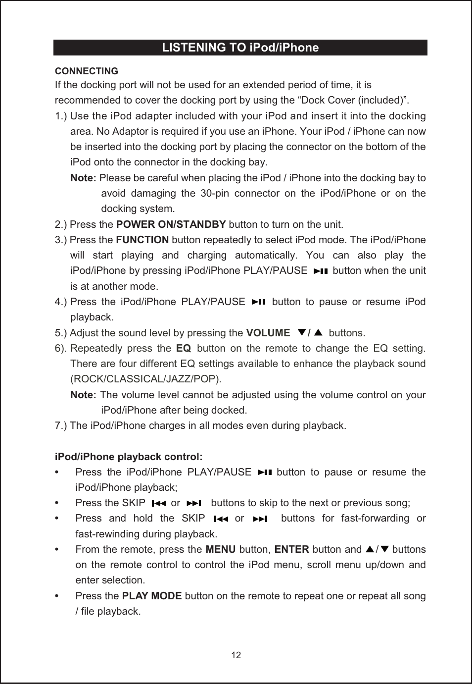 Listening to ipod/iphone | Jensen JIMS-260I User Manual | Page 13 / 22