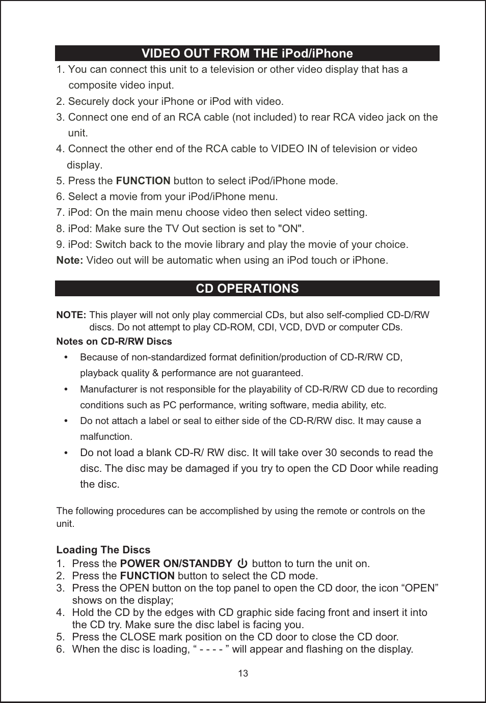 Video out from the ipod/iphone, Cd operations | Jensen JIMS-260I User Manual | Page 14 / 22