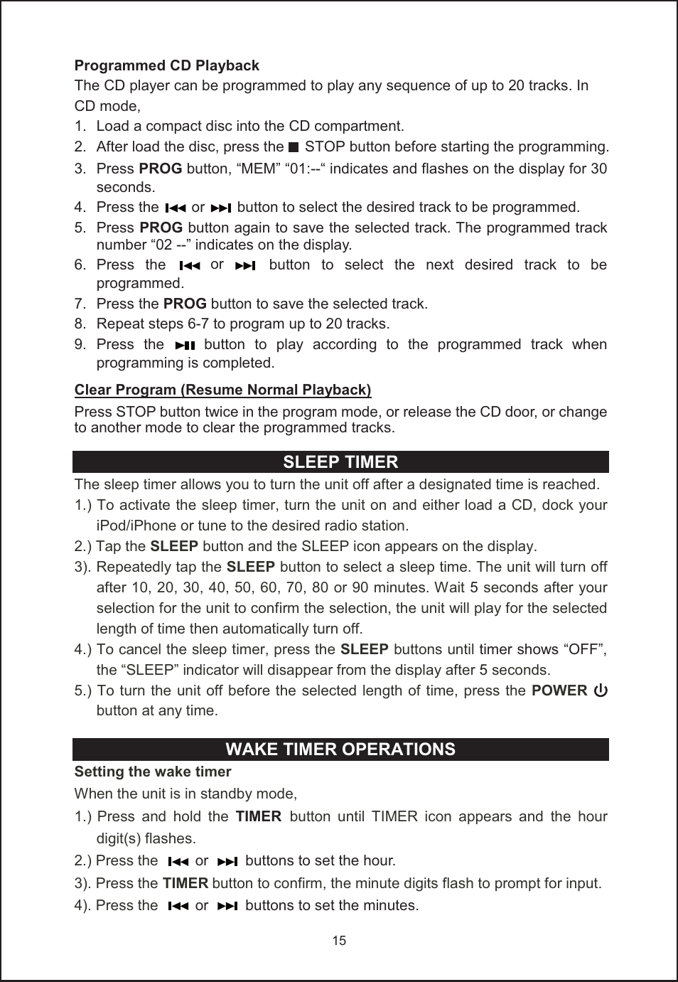 Sleep timer, Wake timer operations | Jensen JIMS-260I User Manual | Page 16 / 22