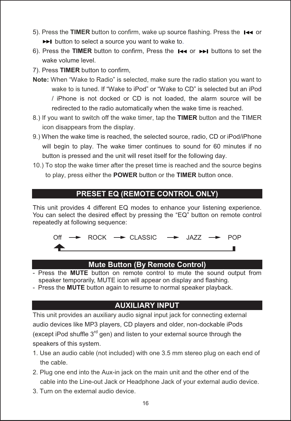 Preset eq (remote control only), Mute button (by remote control), Auxiliary input | Jensen JIMS-260I User Manual | Page 17 / 22