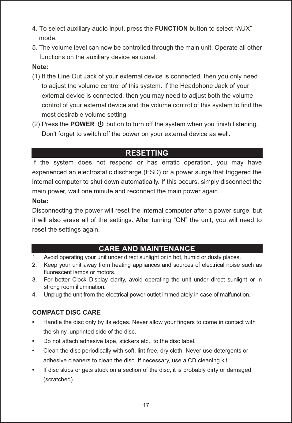 Resetting, Care and maintenance | Jensen JIMS-260I User Manual | Page 18 / 22