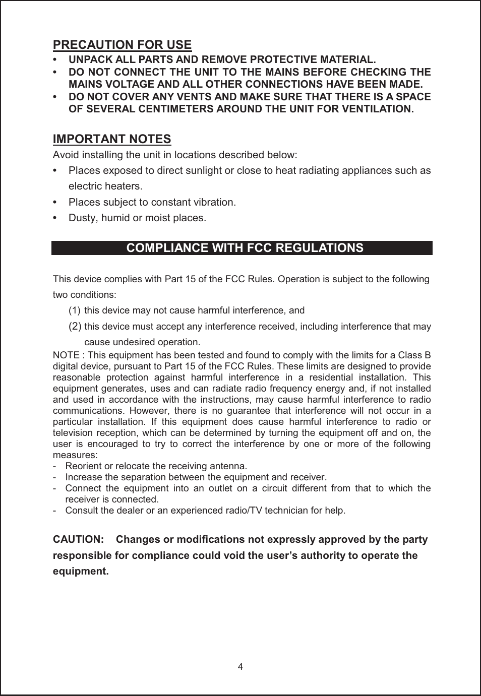 Precaution for use, Compliance with fcc regulations | Jensen JIMS-260I User Manual | Page 5 / 22