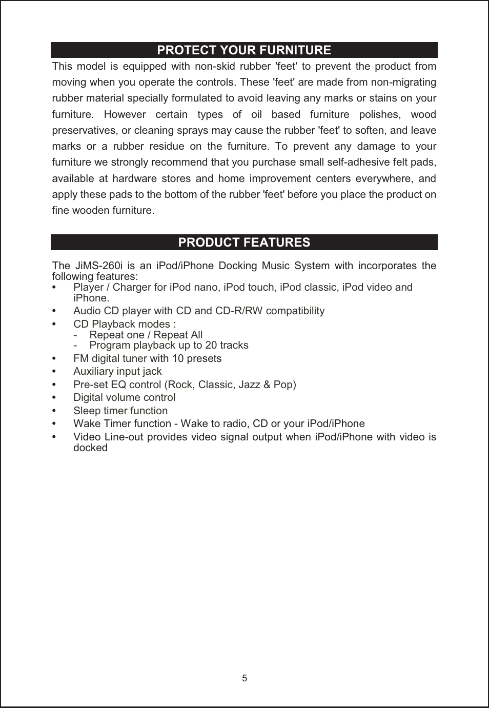 Protect your furniture, Product features | Jensen JIMS-260I User Manual | Page 6 / 22
