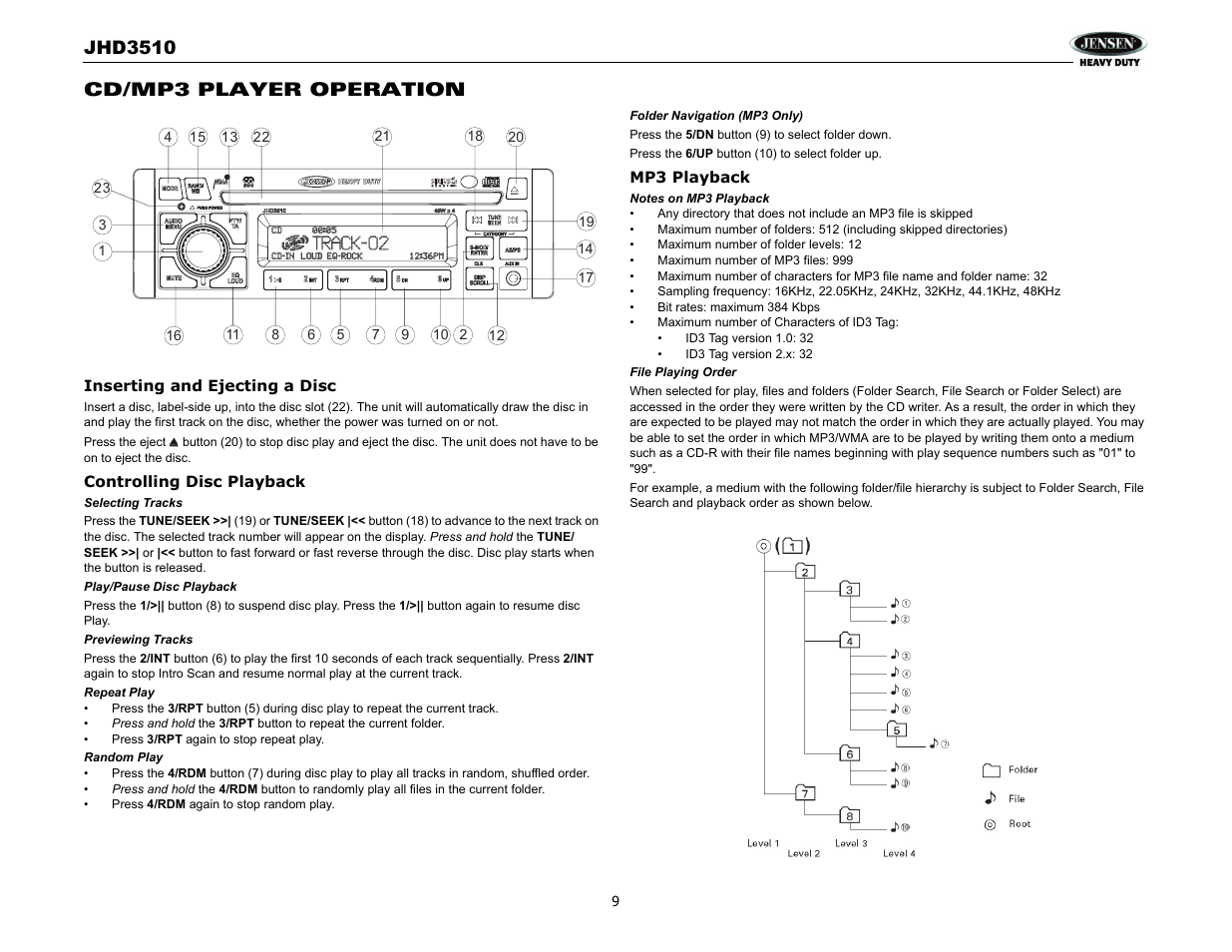 Jhd3510, Cd/mp3 player operation | Jensen JHD3510 User Manual | Page 11 / 16