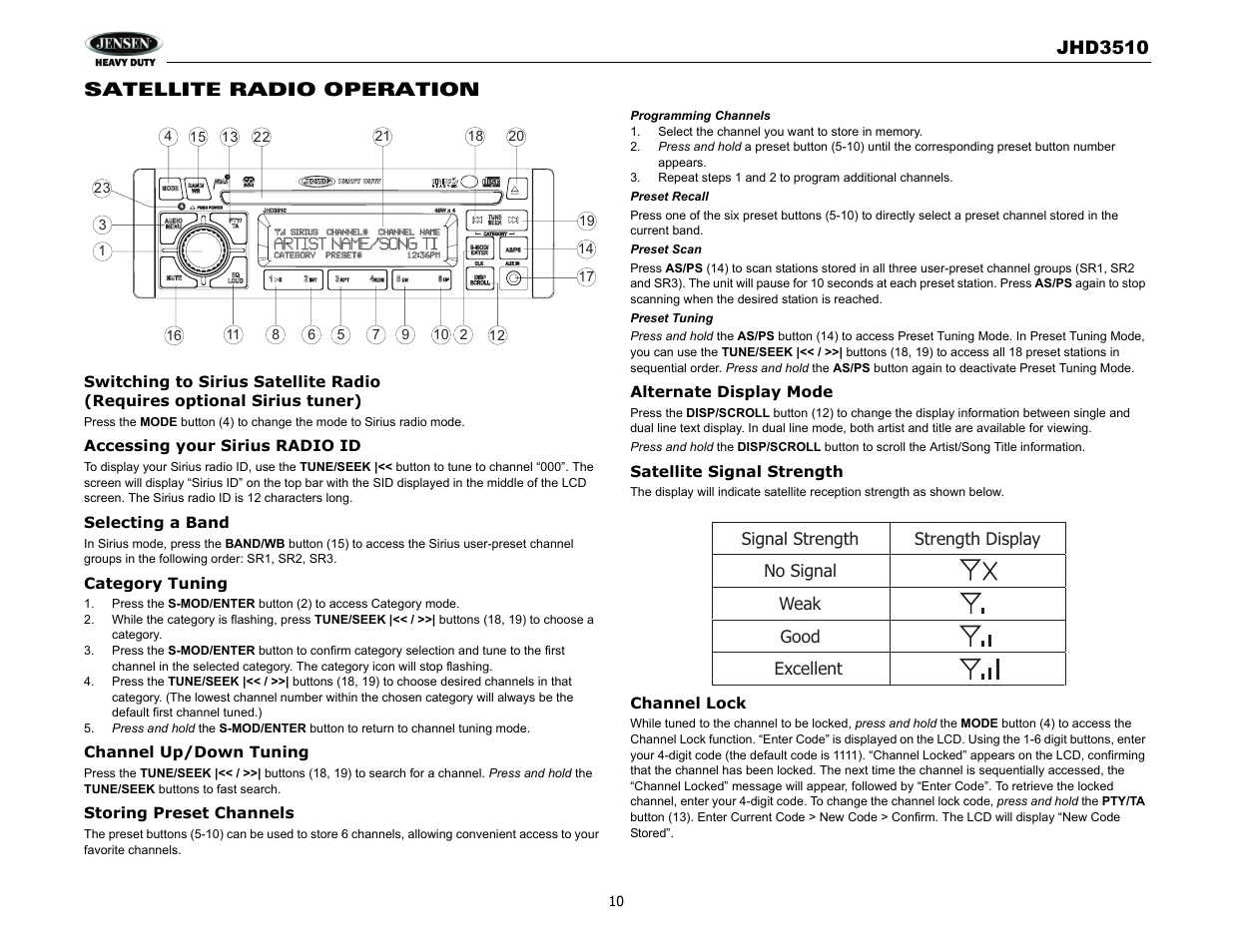 Jhd3510, Satellite radio operation | Jensen JHD3510 User Manual | Page 12 / 16