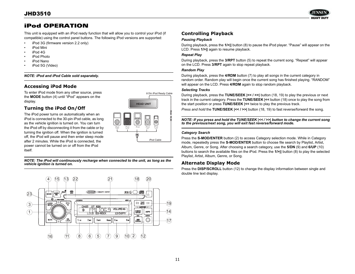 Jhd3510, Ipod operation | Jensen JHD3510 User Manual | Page 13 / 16