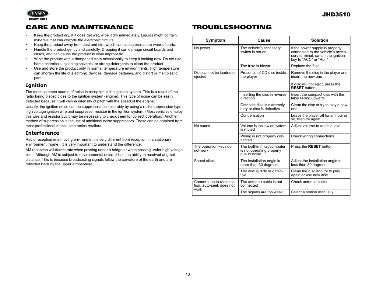 Jhd3510, Care and maintenance, Troubleshooting | Jensen JHD3510 User Manual | Page 14 / 16