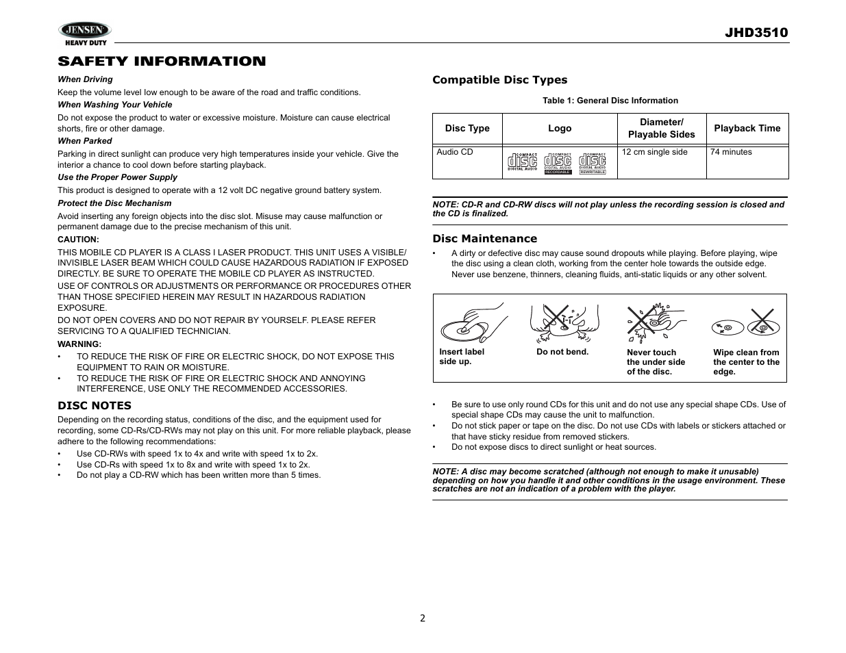 Jhd3510, Safety information | Jensen JHD3510 User Manual | Page 4 / 16