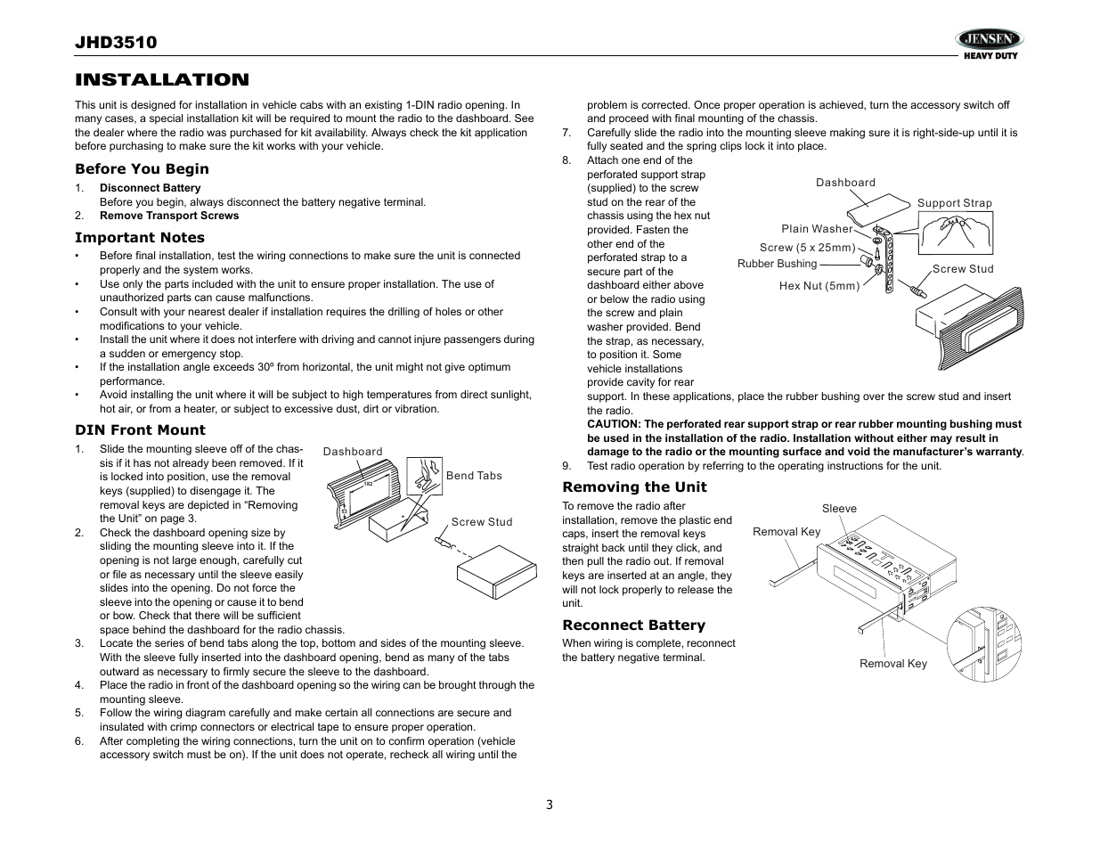 Jhd3510, Installation | Jensen JHD3510 User Manual | Page 5 / 16