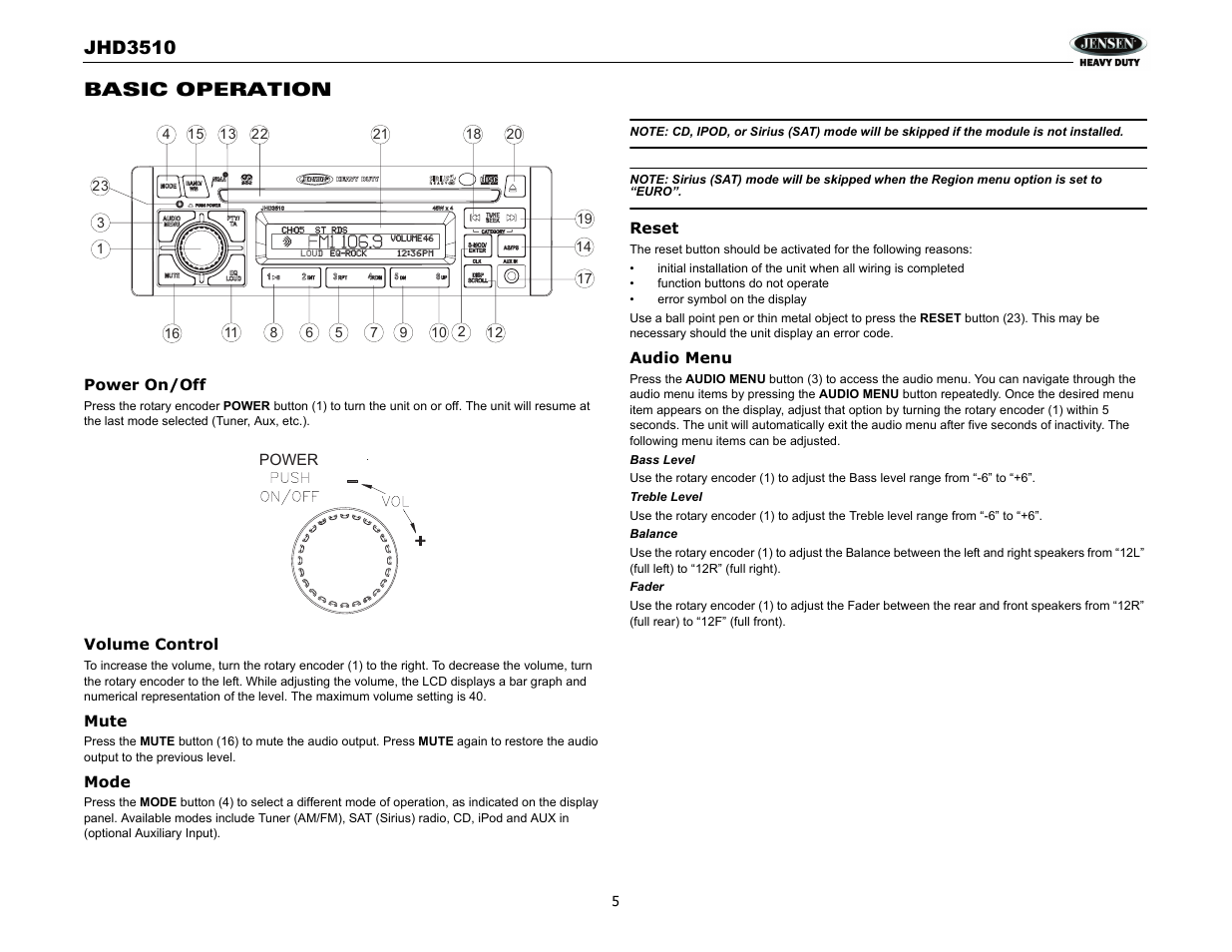 Jhd3510, Basic operation | Jensen JHD3510 User Manual | Page 7 / 16