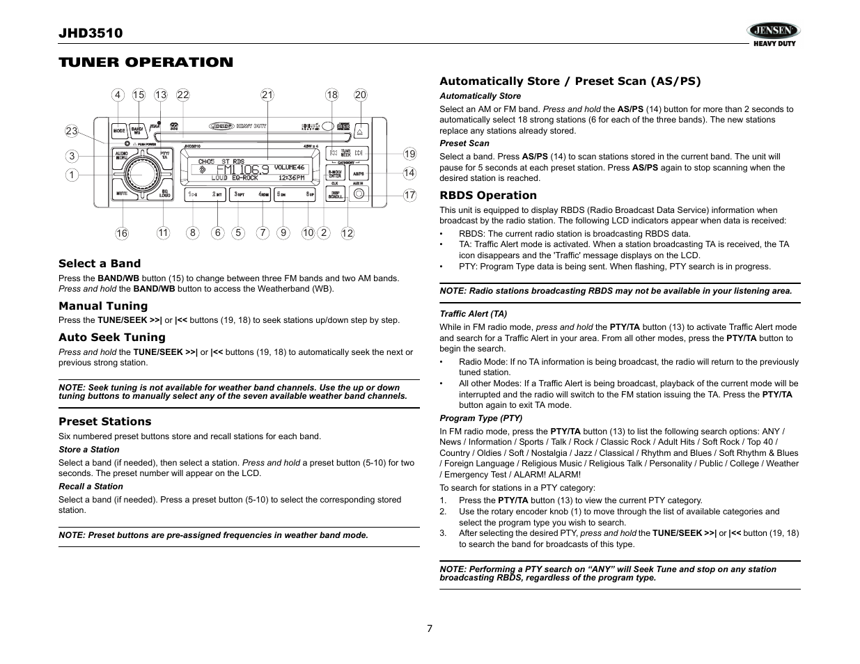 Jhd3510, Tuner operation | Jensen JHD3510 User Manual | Page 9 / 16