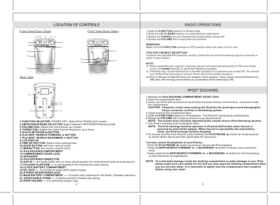 Location of controls, Radio operations, Ipod docking | Jensen JiSS-85 User Manual | Page 5 / 6