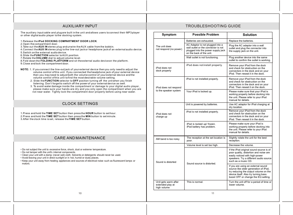 Auxiliary input, Clock settings, Care and maintenance | Troubleshooting guide | Jensen JiSS-85 User Manual | Page 6 / 6