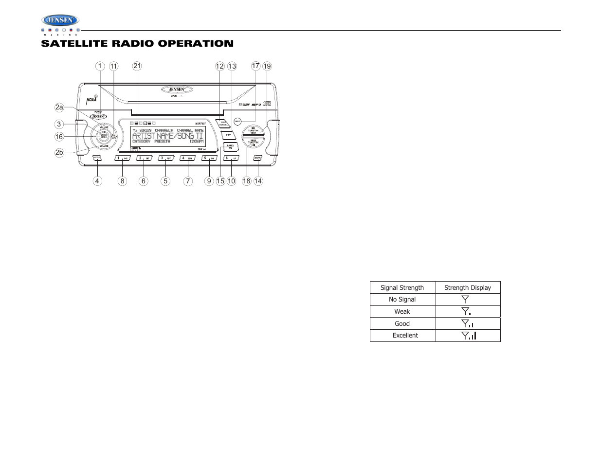 Msr7007, Satellite radio operation | Jensen WATERPROOF AM/FM/RBDS/WB/CDP/SIRIUS/IPOD READY MSR7007 User Manual | Page 12 / 44