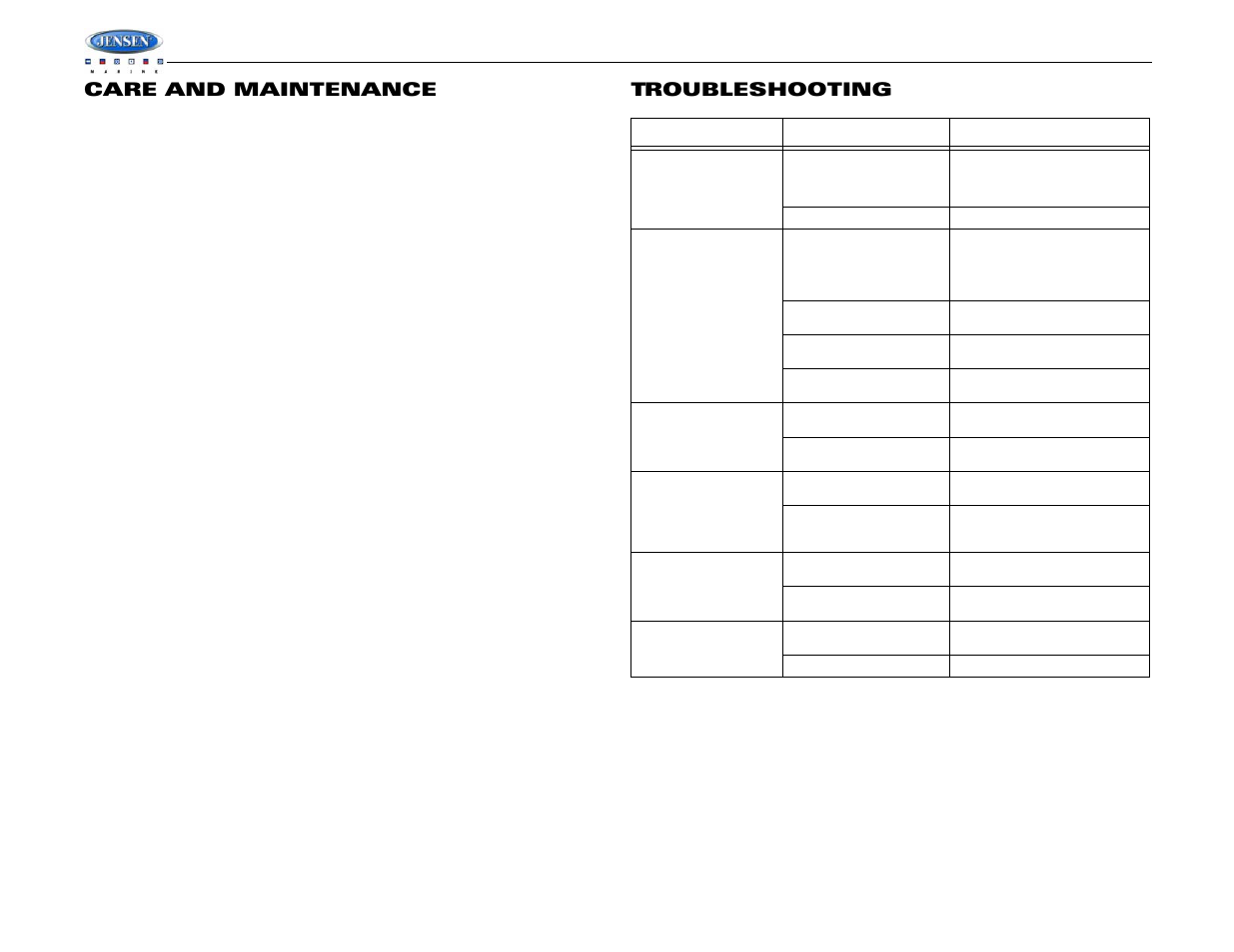 Msr7007, Care and maintenance, Troubleshooting | Jensen WATERPROOF AM/FM/RBDS/WB/CDP/SIRIUS/IPOD READY MSR7007 User Manual | Page 14 / 44