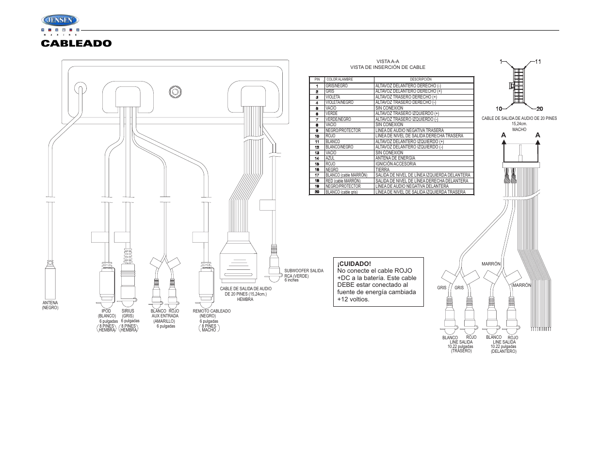 Msr7007, Cableado | Jensen WATERPROOF AM/FM/RBDS/WB/CDP/SIRIUS/IPOD READY MSR7007 User Manual | Page 20 / 44