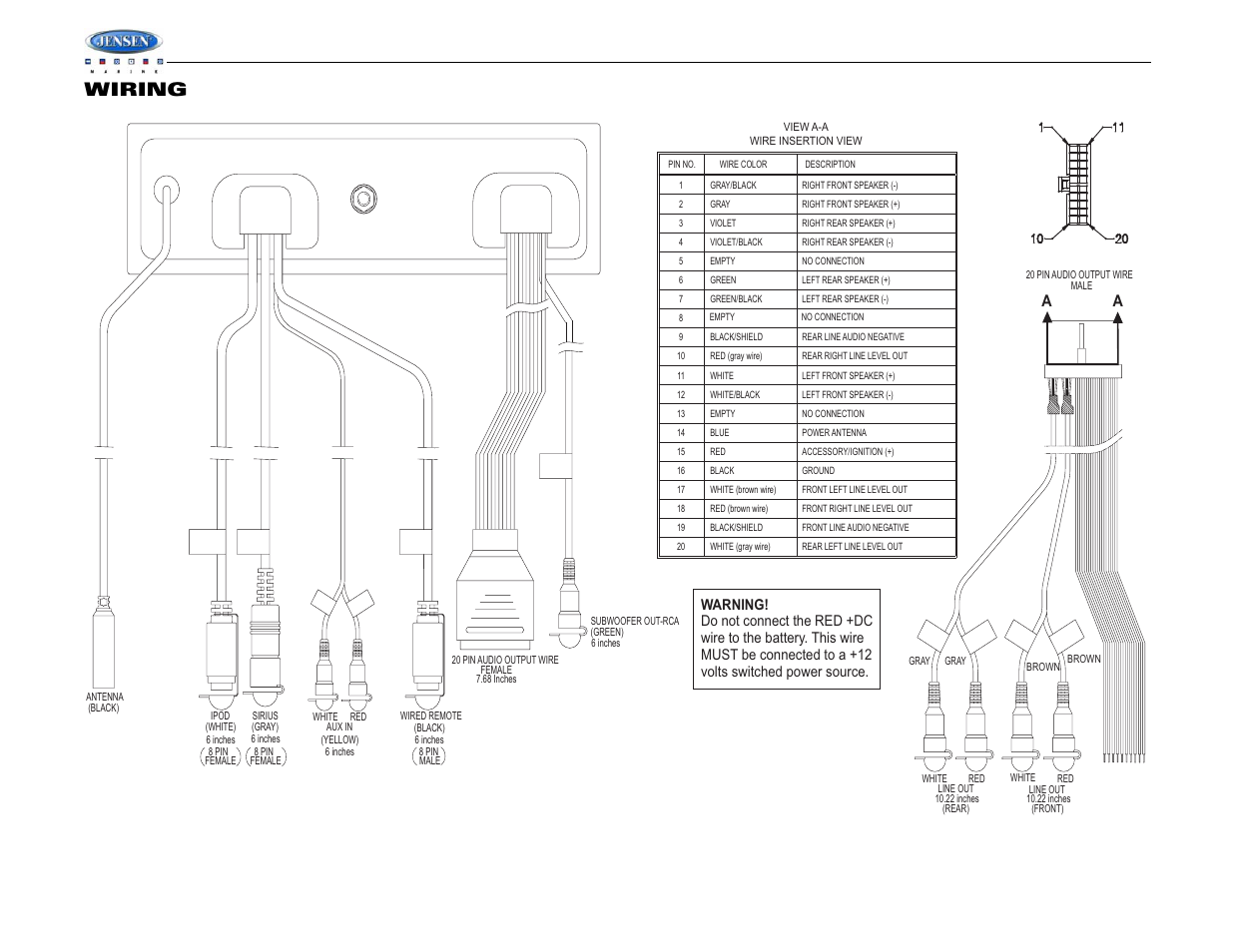 Msr7007, Wiring | Jensen WATERPROOF AM/FM/RBDS/WB/CDP/SIRIUS/IPOD READY MSR7007 User Manual | Page 6 / 44