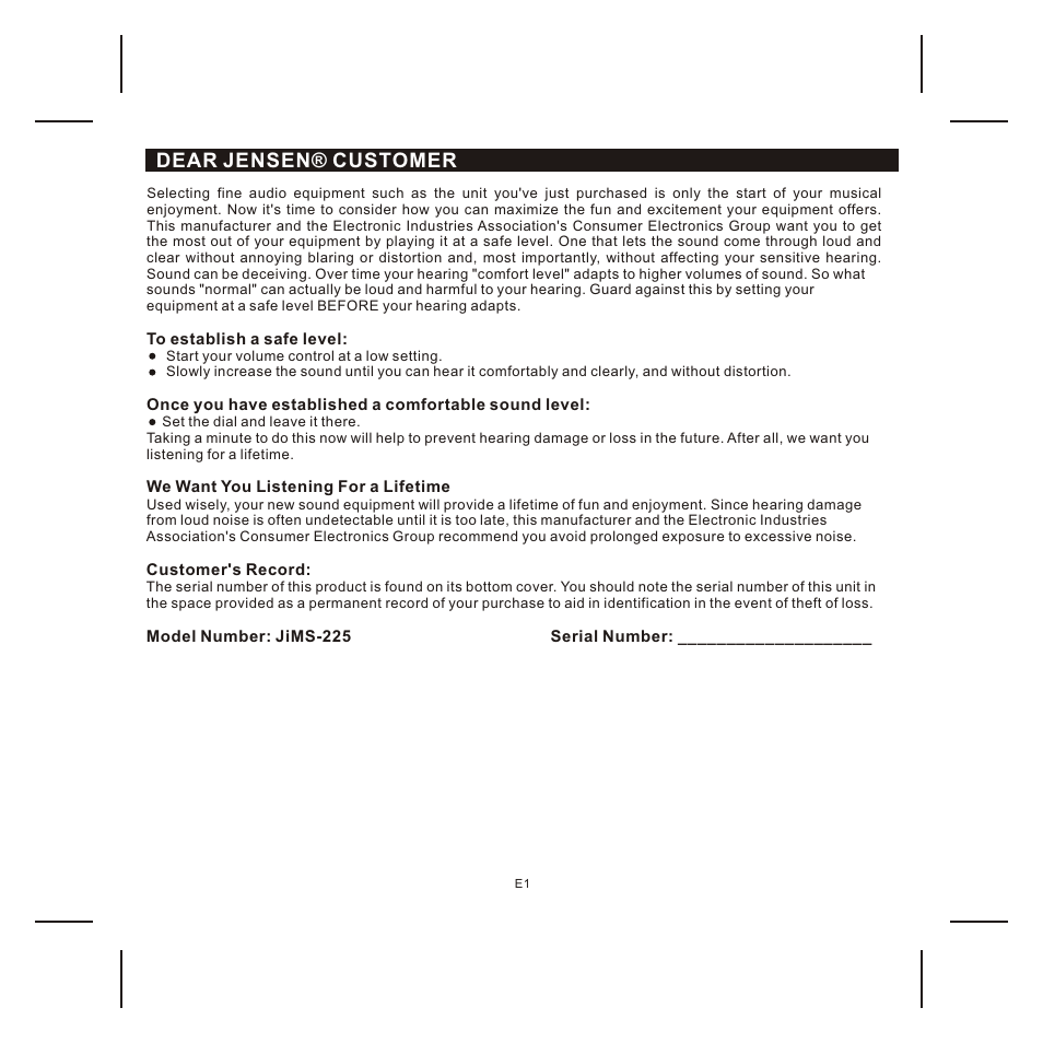 Dear jensen® customer | Jensen JIMS-225 User Manual | Page 2 / 14