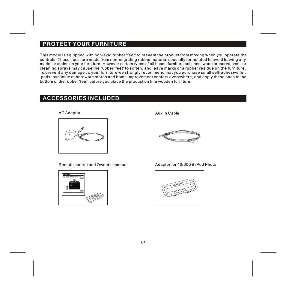 Protect your furniture, Accessories included | Jensen JIMS-225 User Manual | Page 5 / 14