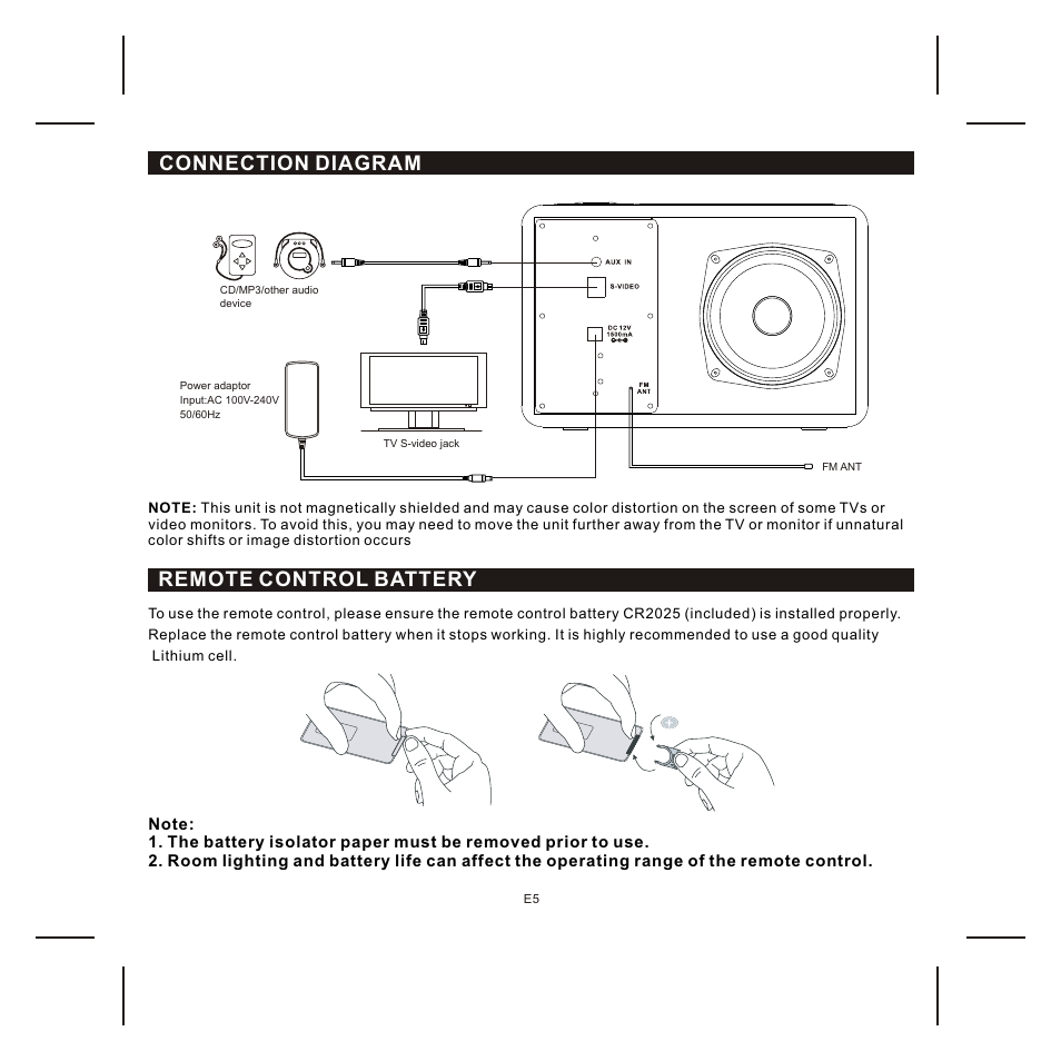 Connection diagram, Remote control battery | Jensen JIMS-225 User Manual | Page 6 / 14