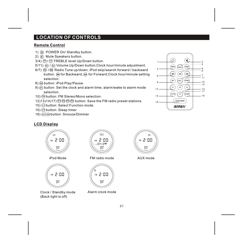 Location of controls, Remote control, Lcd display | Ipod mode fm radio mode aux mode | Jensen JIMS-225 User Manual | Page 8 / 14
