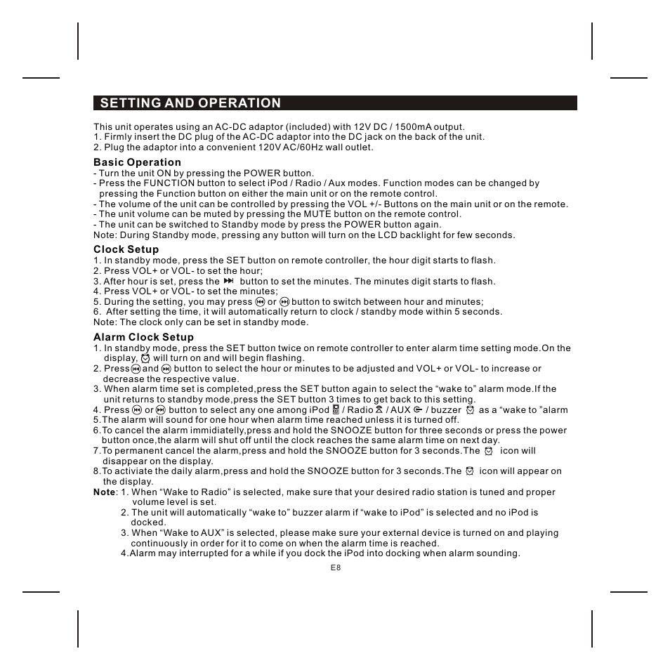 Setting and operation | Jensen JIMS-225 User Manual | Page 9 / 14