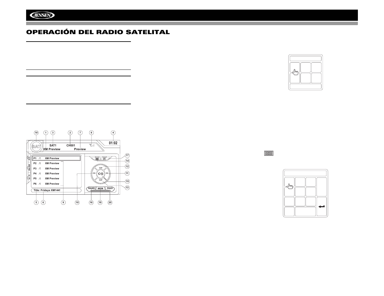 Vm9022 operación del radio satelital | Jensen VM9022 User Manual | Page 64 / 124