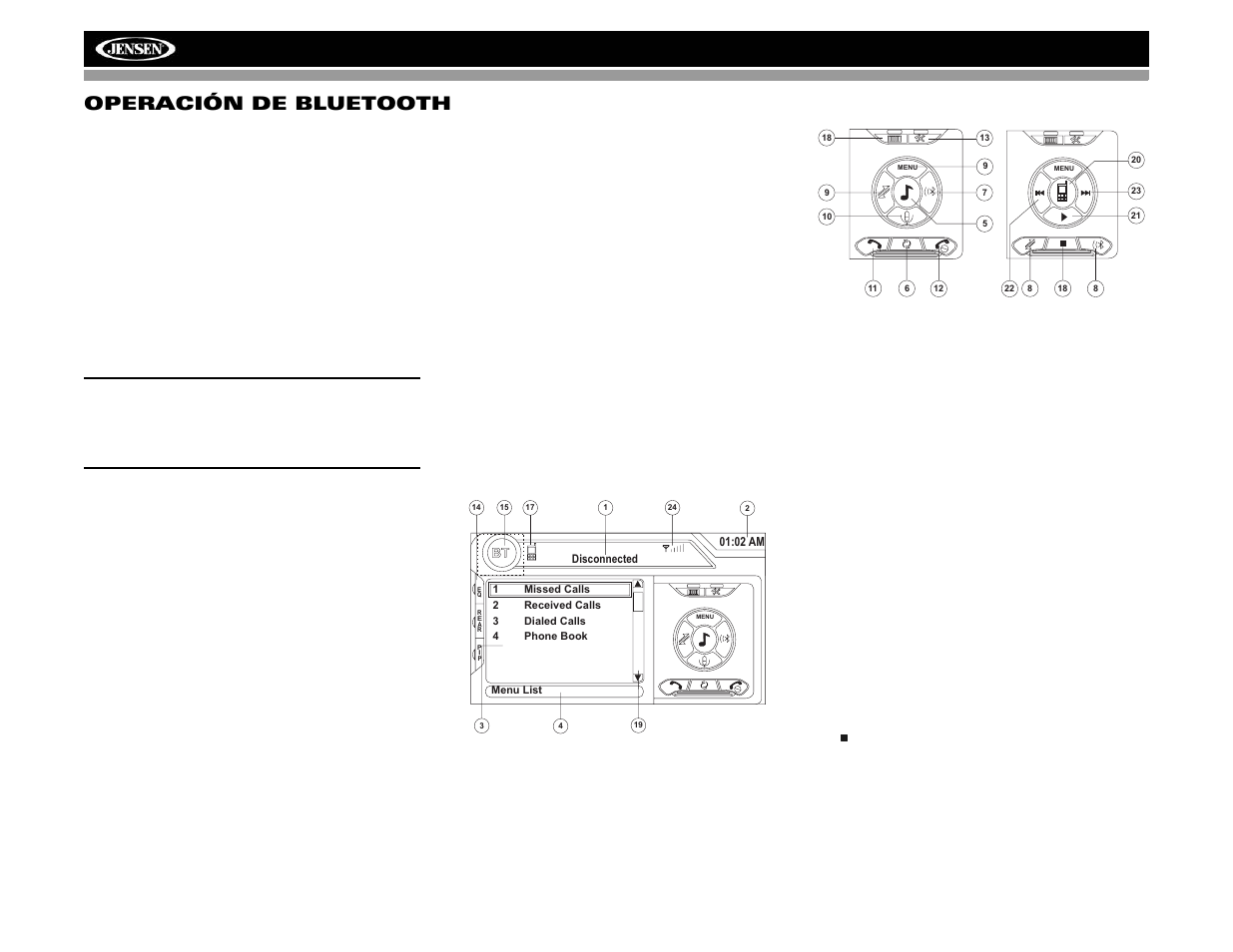 Vm9022 operación de bluetooth | Jensen VM9022 User Manual | Page 74 / 124