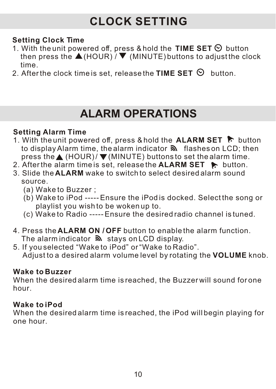 Alarm operations, Clock setting | Jensen JiMS-125 User Manual | Page 11 / 18