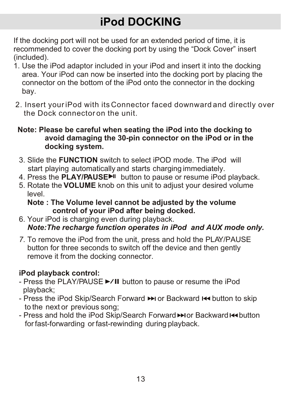Ipod docking | Jensen JiMS-125 User Manual | Page 14 / 18