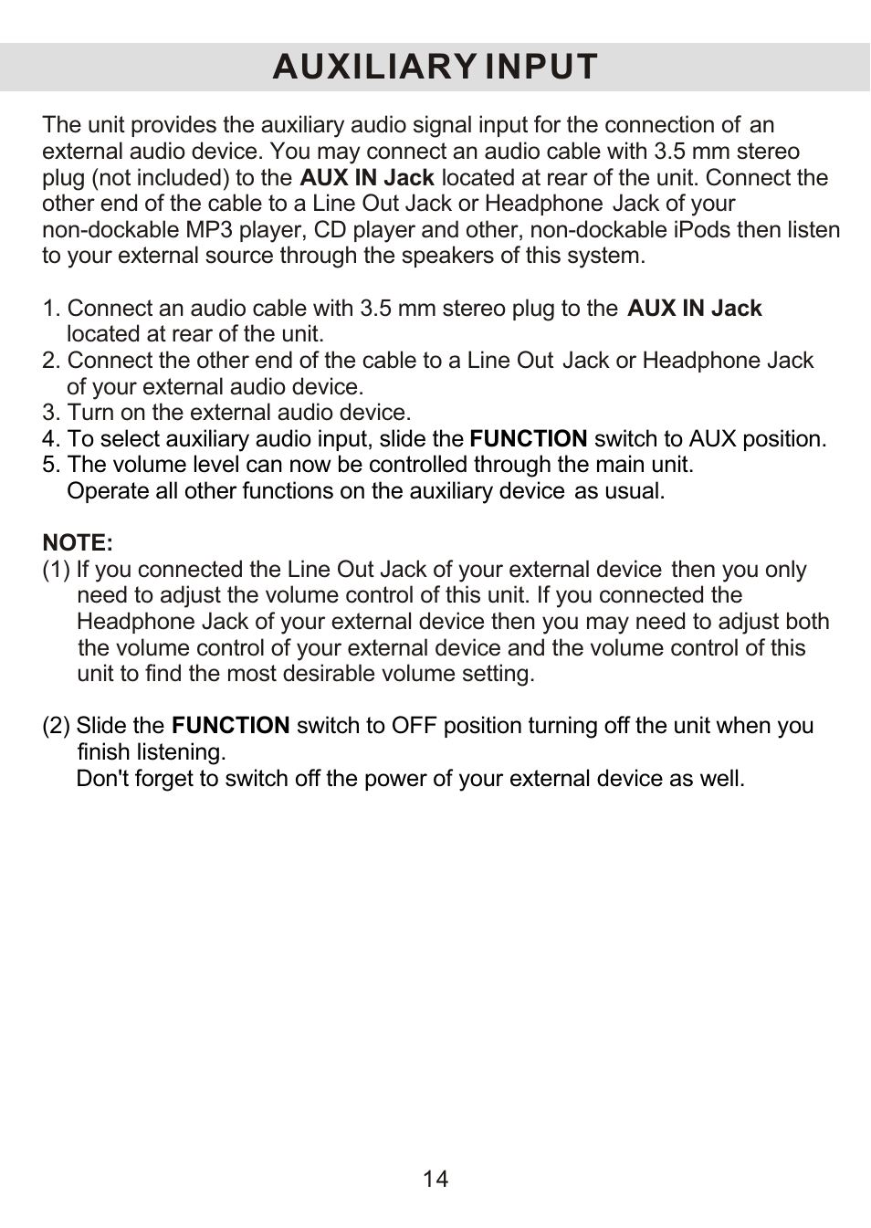 Auxiliary input | Jensen JiMS-125 User Manual | Page 15 / 18