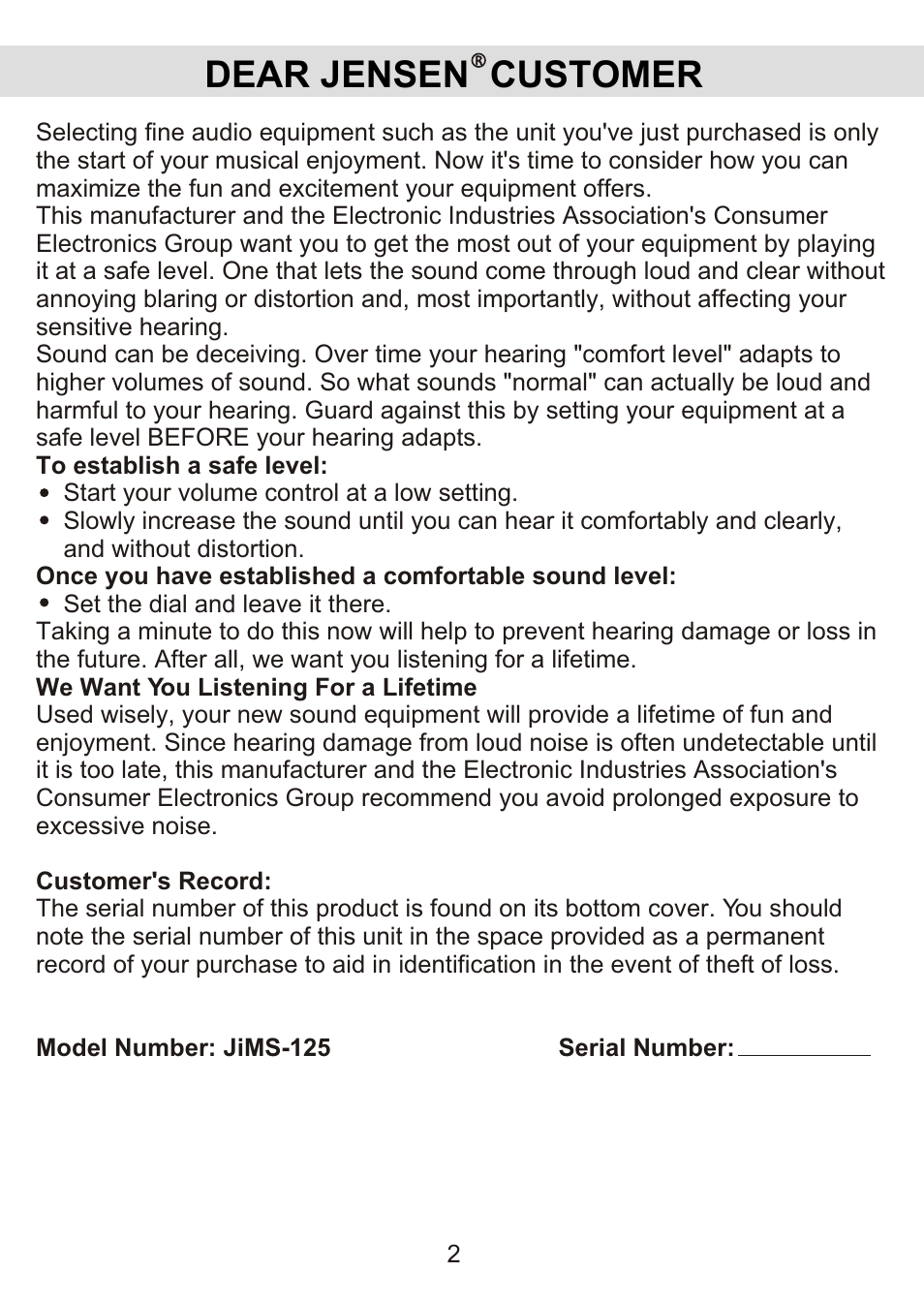 Dear jensen customer | Jensen JiMS-125 User Manual | Page 3 / 18