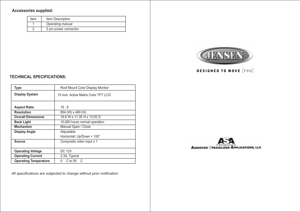 Jensen OVERHEAD 15" JE1569FDM User Manual | Page 4 / 4