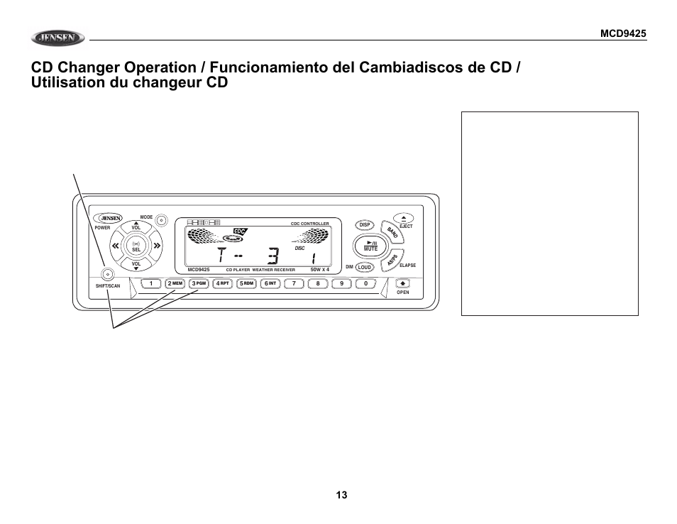 Utilisation du changeur cd | Jensen MCD9425 User Manual | Page 13 / 15