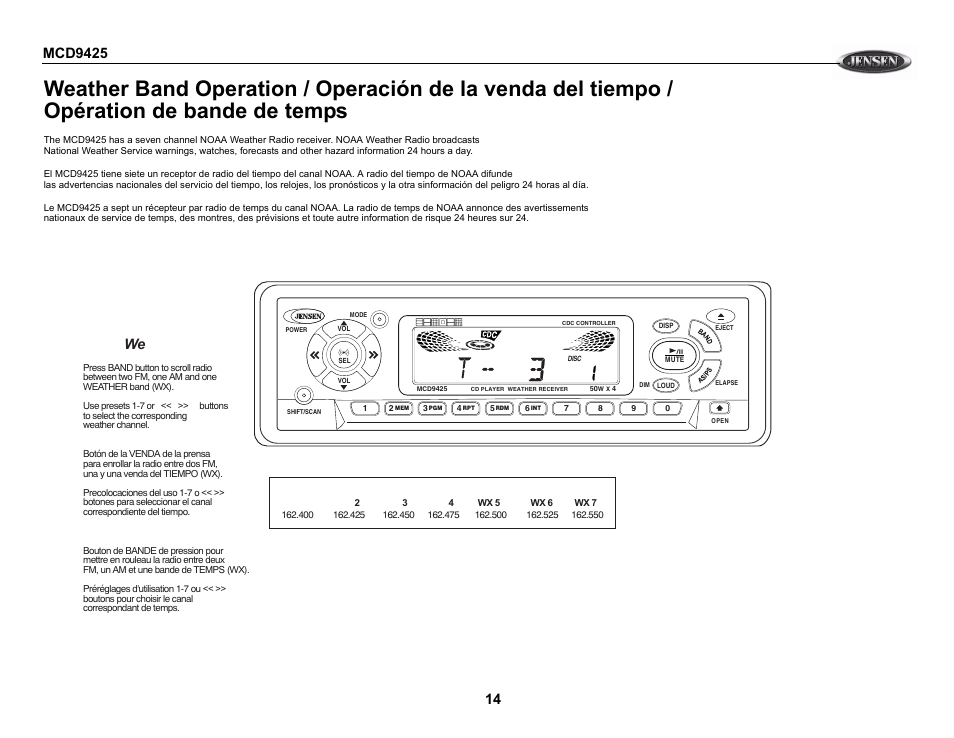 Select weather band, Weather band f requencies | Jensen MCD9425 User Manual | Page 14 / 15