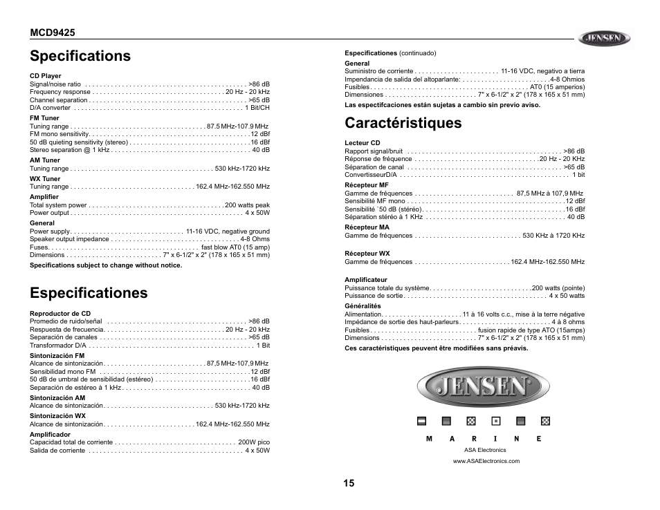 Specifications, Especificationes, Caractéristiques | Jensen MCD9425 User Manual | Page 15 / 15