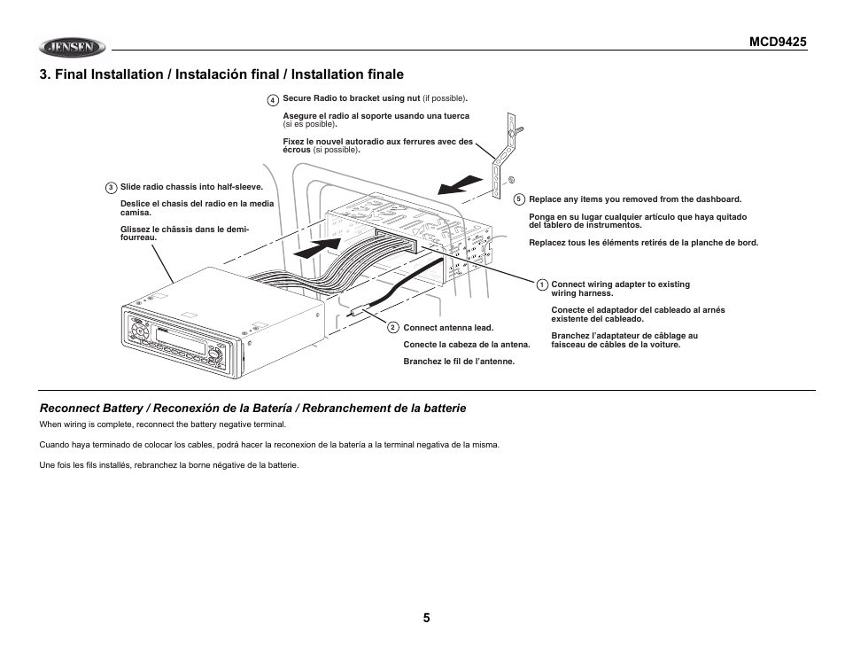 50w x 4 loud disp cd w eath er r eceiv er mem, Rpt eject elapse, Ii/mute open | Jensen MCD9425 User Manual | Page 5 / 15