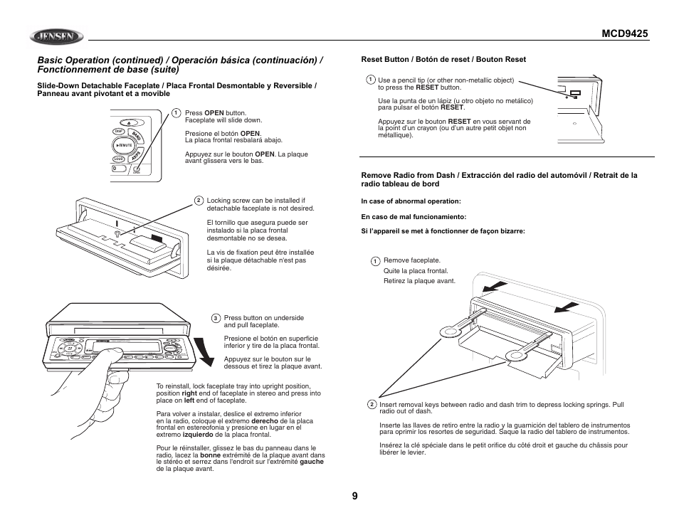 Compact digital audio, Cdc controller, Mode shift /scan | 50w x 4 loud disp cd receiver mem, Mute open | Jensen MCD9425 User Manual | Page 9 / 15