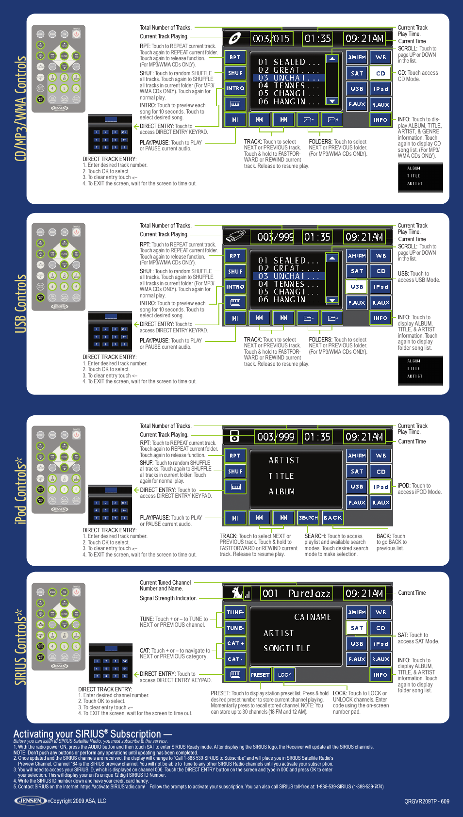 Cd/mp3 /wma c ontr ols, Ipod c ontr ols, Sirius c ontr ols | Usb c ontr ols, Activating your sirius, Subscription | Jensen VR209TP User Manual | Page 2 / 2