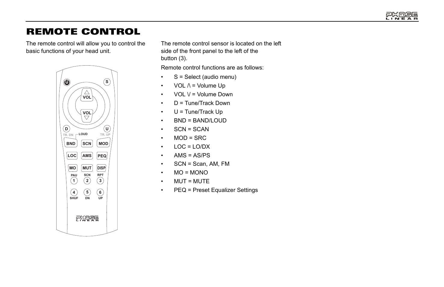 Remote control | Jensen Phase Linear CD1213 User Manual | Page 11 / 46