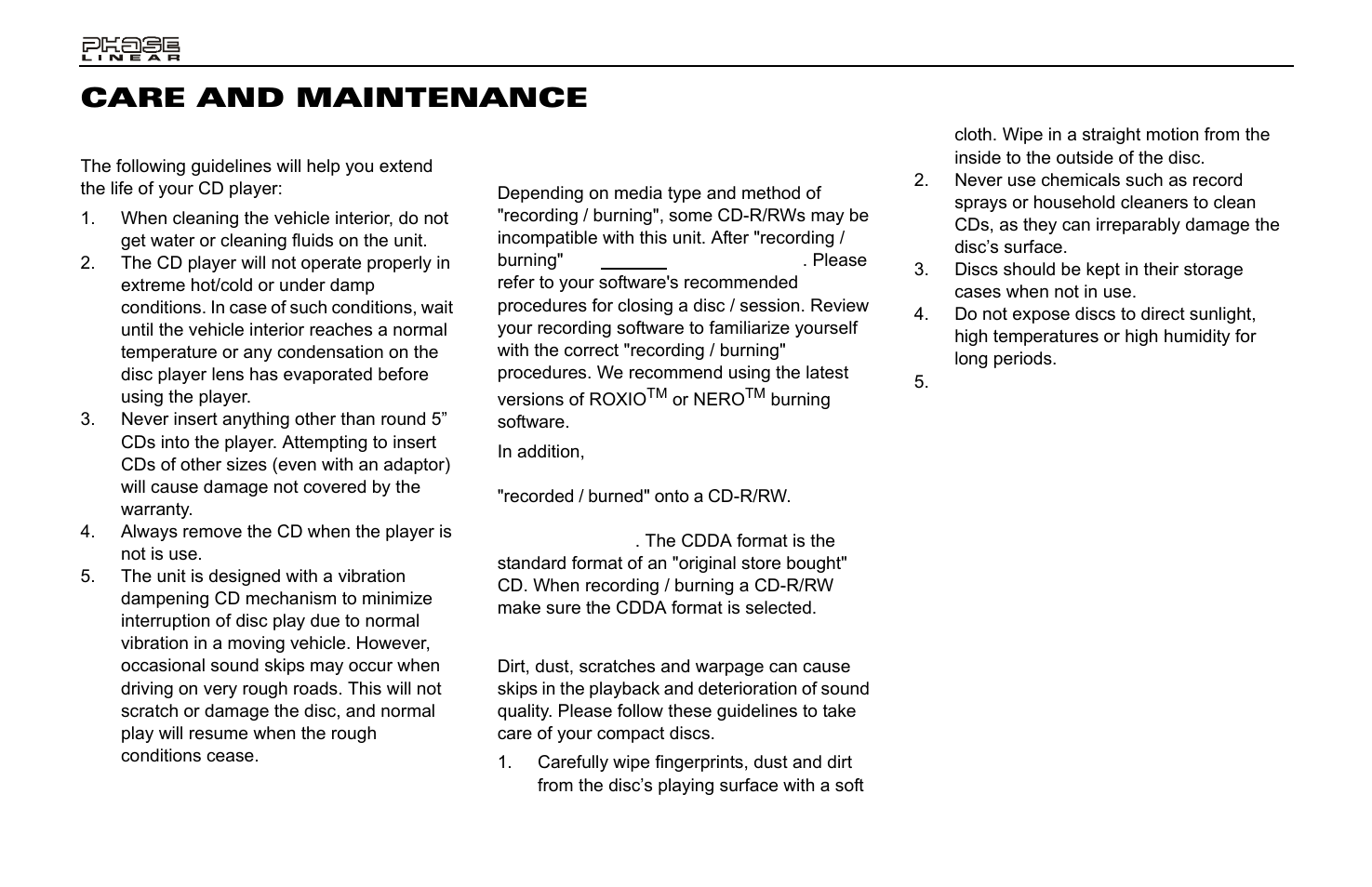 Care and maintenance | Jensen Phase Linear CD1213 User Manual | Page 12 / 46