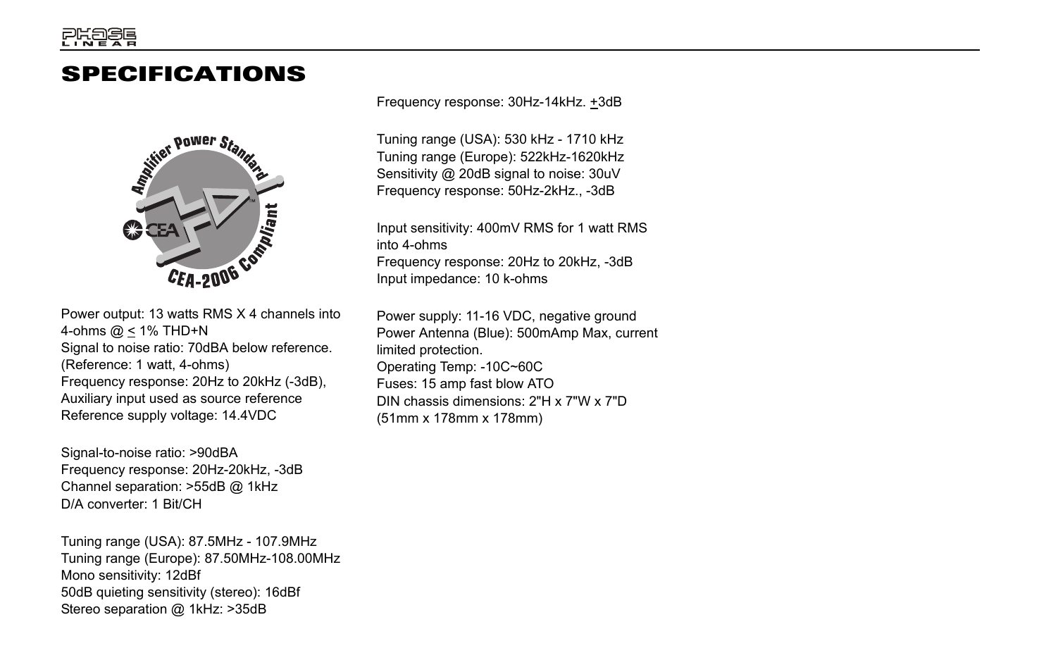 Specifications | Jensen Phase Linear CD1213 User Manual | Page 14 / 46